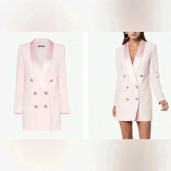 Balmain Jacket Dress Double Breasted Oversized Long Blazer Pink Crepe Mini Dress - Picture 2 of 15